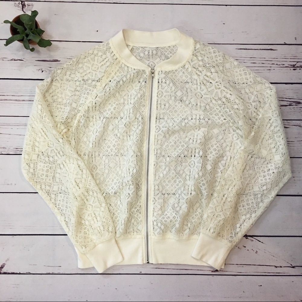 Cream Sheer Lace Bomber Fashion Jacket